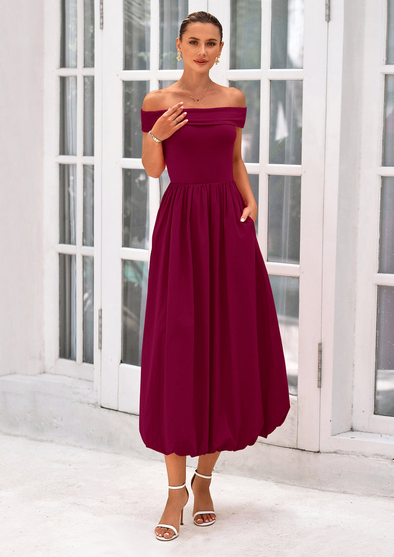 PRETTYGARDEN Womens Summer Off Shoulder Sleeveless Midi Dress Cocktail A Line Flowy Wedding Guest Dresses with Pockets