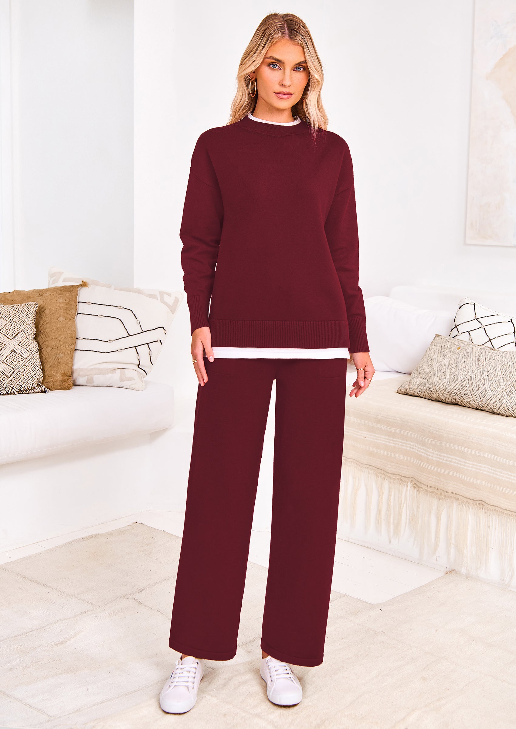 PRETTYGARDEN Two Piece Matching Sweater Lounge Sets Knit Long Sleeve Pullover Tops Wide Leg Pants