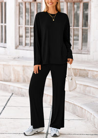 Long Sleeve High Low Tops T-Shirts Wide Leg Pants Two Piece Sets