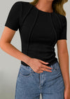 KIRUNDO Ribbed Short Sleeve Tops for Women Summer Casual Crew Neck Cute Crop Basic Tees Slim Fit Exposed Seams T Shirts