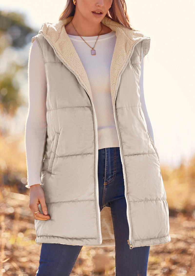 PRETTYGARDEN Womens Fall Reversible Vests Sleeveless Fleece Jacket Zip Up Hoodie Pockets Long Warm Winter Coat Outerwear