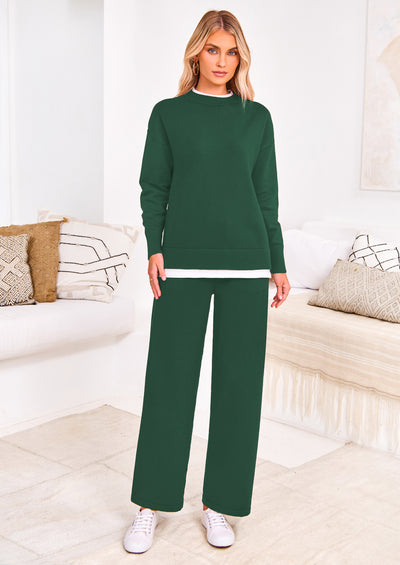 PRETTYGARDEN Two Piece Matching Sweater Lounge Sets Knit Long Sleeve Pullover Tops Wide Leg Pants