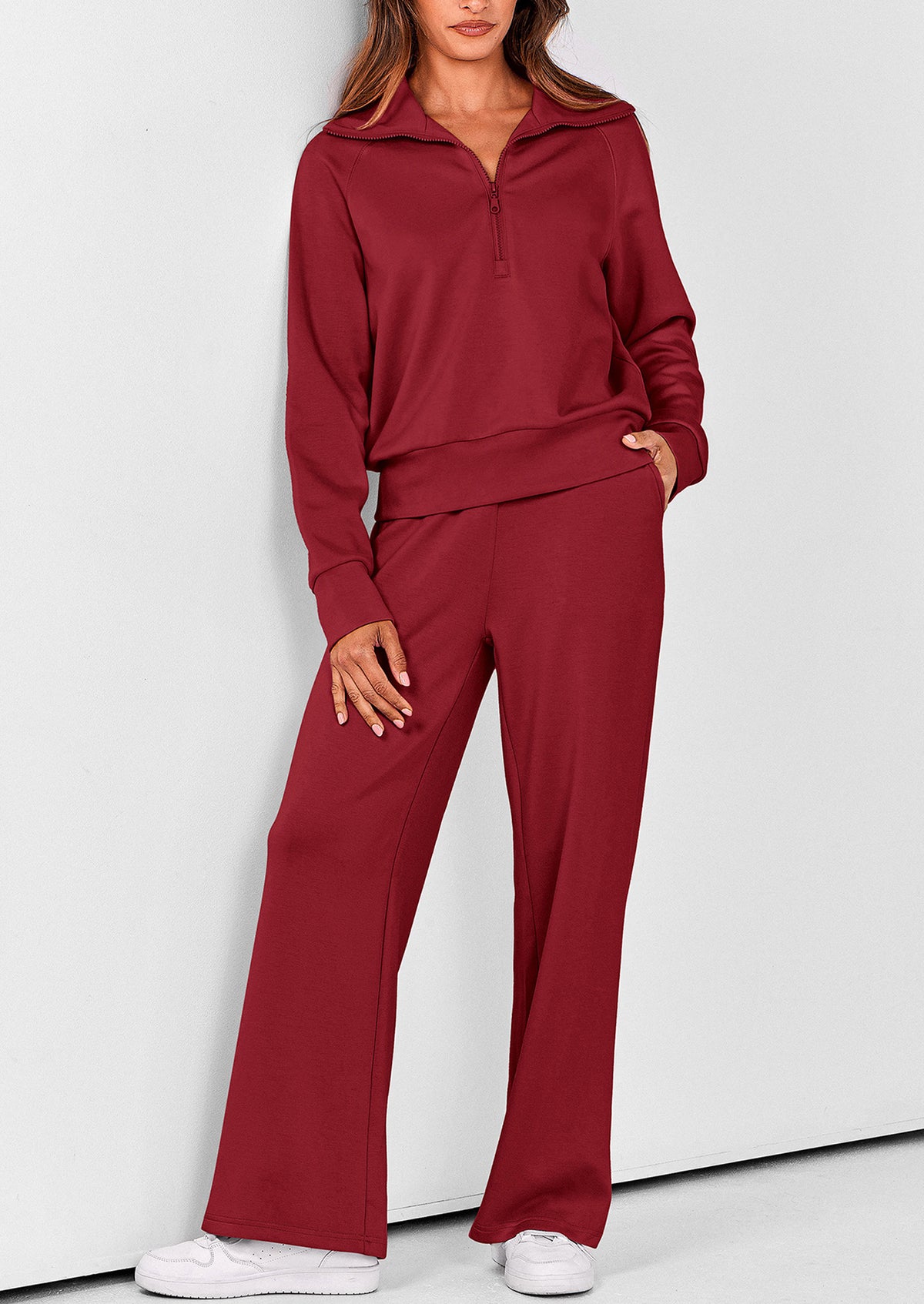 Flip Collar Half Zip Top And Wide Leg Pants Casual Two-Piece Set