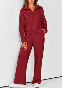 Flip Collar Half Zip Top And Wide Leg Pants Casual Two-Piece Set