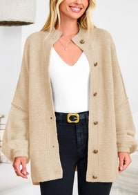 PRETTYGARDEN Women's Winter Button Down Cardigan Sweaters Mock Neck Lantern Long Sleeve Chunky Knit Jacket Trendy Outerwear