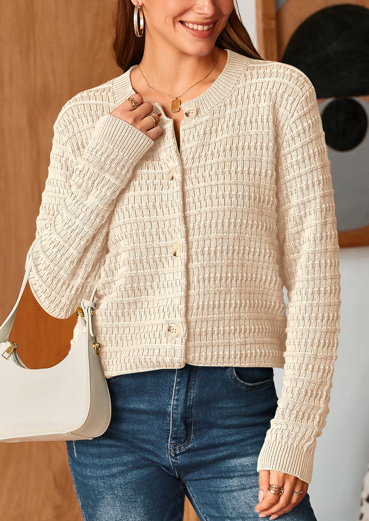 Knit Cardigan Long Sleeve Open Front Button Down Jacket