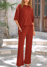Short Sleeve Pullover Tops And Wide Leg Pants Two Piece Sets
