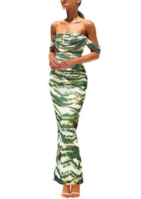 Ruched Bodycon Off Shoulder Floral Mesh Cocktail Party Fitted Maxi Dress