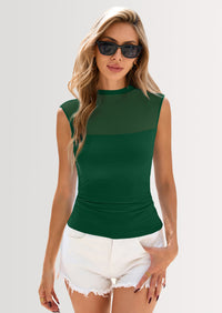 PRETTYGARDEN Women's Summer Sheer Mesh Tank Tops Trendy Casual Sleeveless Mock Neck Ruched Slim Fitted Going Out Shirts