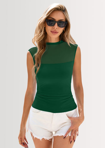 PRETTYGARDEN Women's Summer Sheer Mesh Tank Tops Trendy Casual Sleeveless Mock Neck Ruched Slim Fitted Going Out Shirts