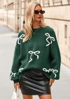 PRETTYGARDEN Fall Long Sleeve Pullover Sweaters for Women Trendy Crewneck Casual Cute Bow Chunky Knit Oversized Sweater