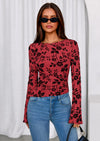 PRETTYGARDEN Women Long Sleeve Floral Mesh Tops Blouse  Fall Trendy Boat Neck Ruched Fitted Shirt Going Out Date Outfits