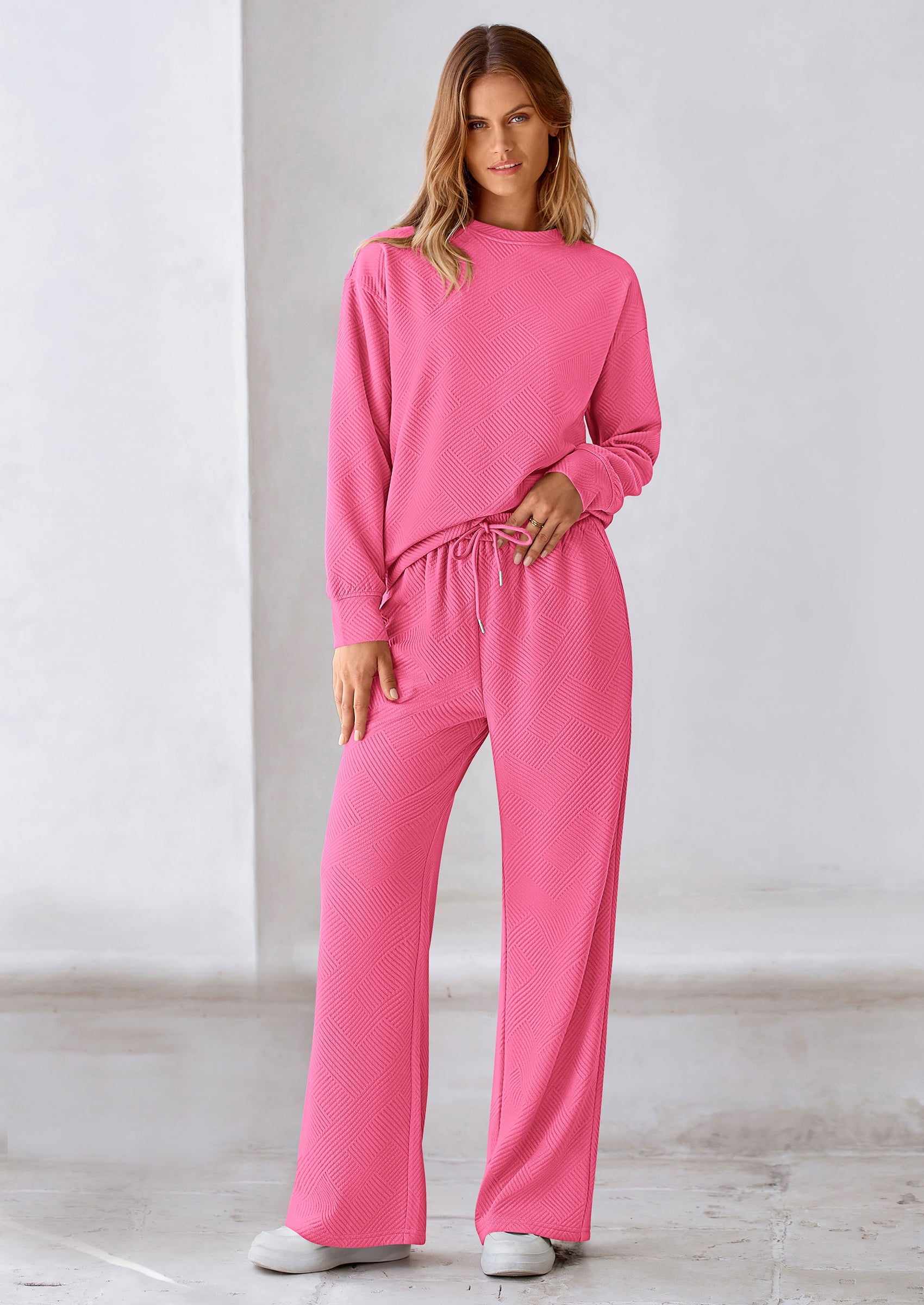 PRETTYGARDEN 2 Piece Long Sleeve Pullover Tops and Wide Leg Pants Knitted Lounge Sets