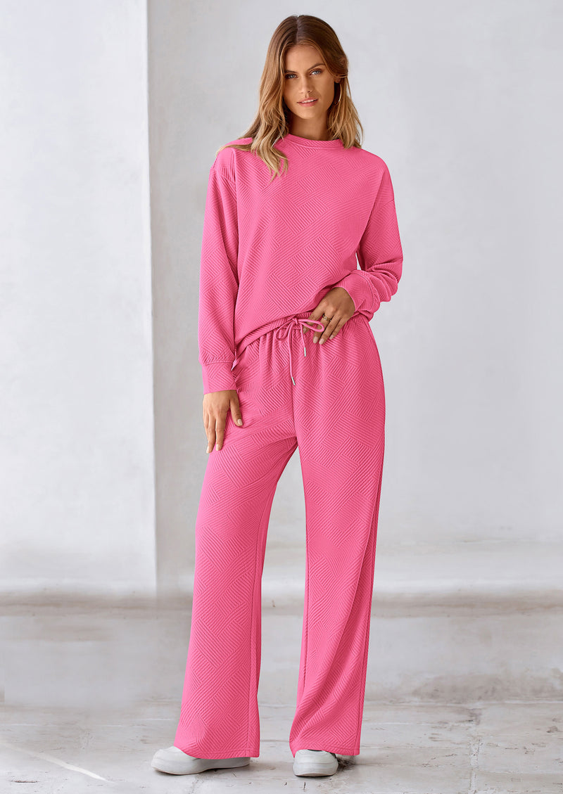 PRETTYGARDEN 2 Piece Long Sleeve Pullover Tops and Wide Leg Pants Knitted Lounge Sets