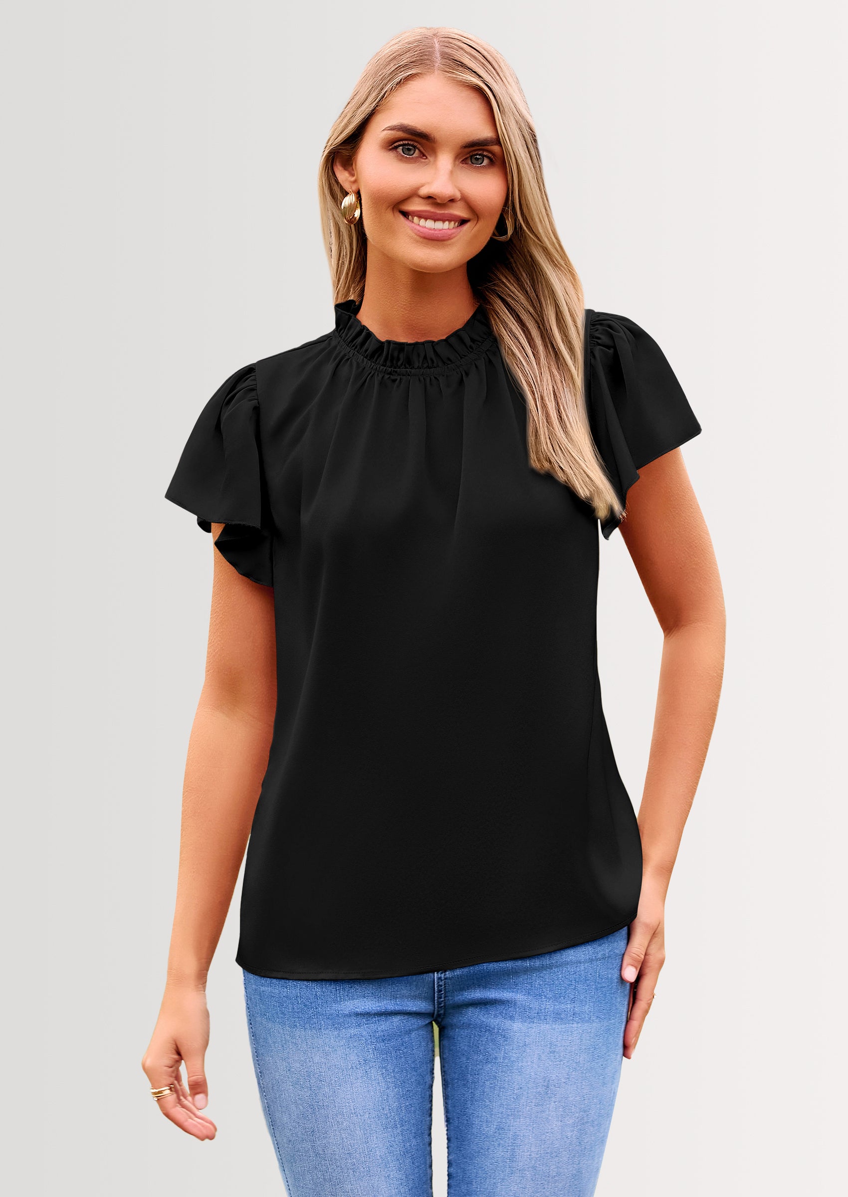 PRETTYGARDEN Business Casual Tops for Women Blouses Dressy Summer Short Sleeve Ruffle Satin Work Office Attire
