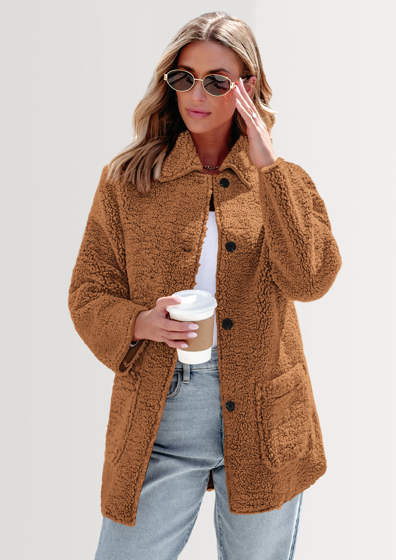 PRETTYGARDEN Women's Winter Faux Fur Coats Long Sleeve Lapel Button Down Pockets Fleece Sherpa Jacket Casual Trendy Outerwear