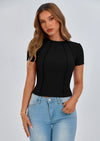 KIRUNDO Ribbed Short Sleeve Tops for Women Summer Casual Crew Neck Cute Crop Basic Tees Slim Fit Exposed Seams T Shirts