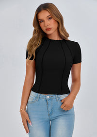 KIRUNDO Ribbed Short Sleeve Tops for Women Summer Casual Crew Neck Cute Crop Basic Tees Slim Fit Exposed Seams T Shirts