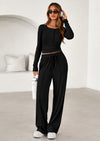 PRETTYGARDEN Women's Fall Trendy 2 Piece Outfits Lounge Sets Long Sleeve Top Henley Shirts Wide Leg Pants Travel Clothes