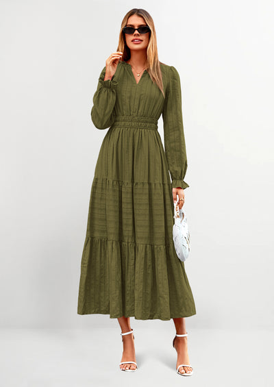 PRETTYGARDEN Women's Fall Wedding Guest Dresses Long Sleeve V Neck Flowy Elegant Holiday Party Maxi Dress with Pockets