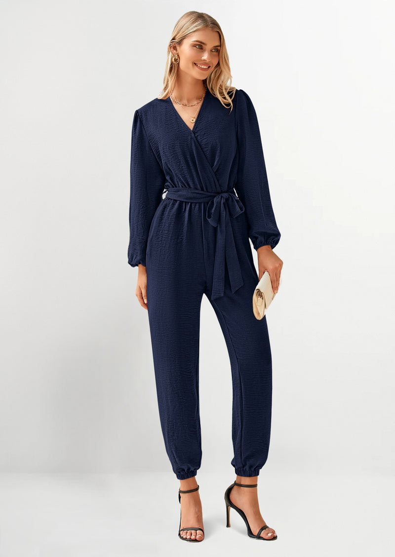 PRETTYGARDEN Women's Fall Jumpsuits Dressy Casual Pants Romper Spring Long Sleeve V Neck Belt Pockets One Piece Outfits