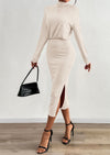 PRETTYGARDEN Turtle Neck Dresses for Women Fall Knit Outfits Slit Elastic Waist Long Sleeve Bodycon Midi Sweater Dress