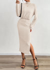 PRETTYGARDEN Turtle Neck Dresses for Women Fall Knit Outfits Slit Elastic Waist Long Sleeve Bodycon Midi Sweater Dress