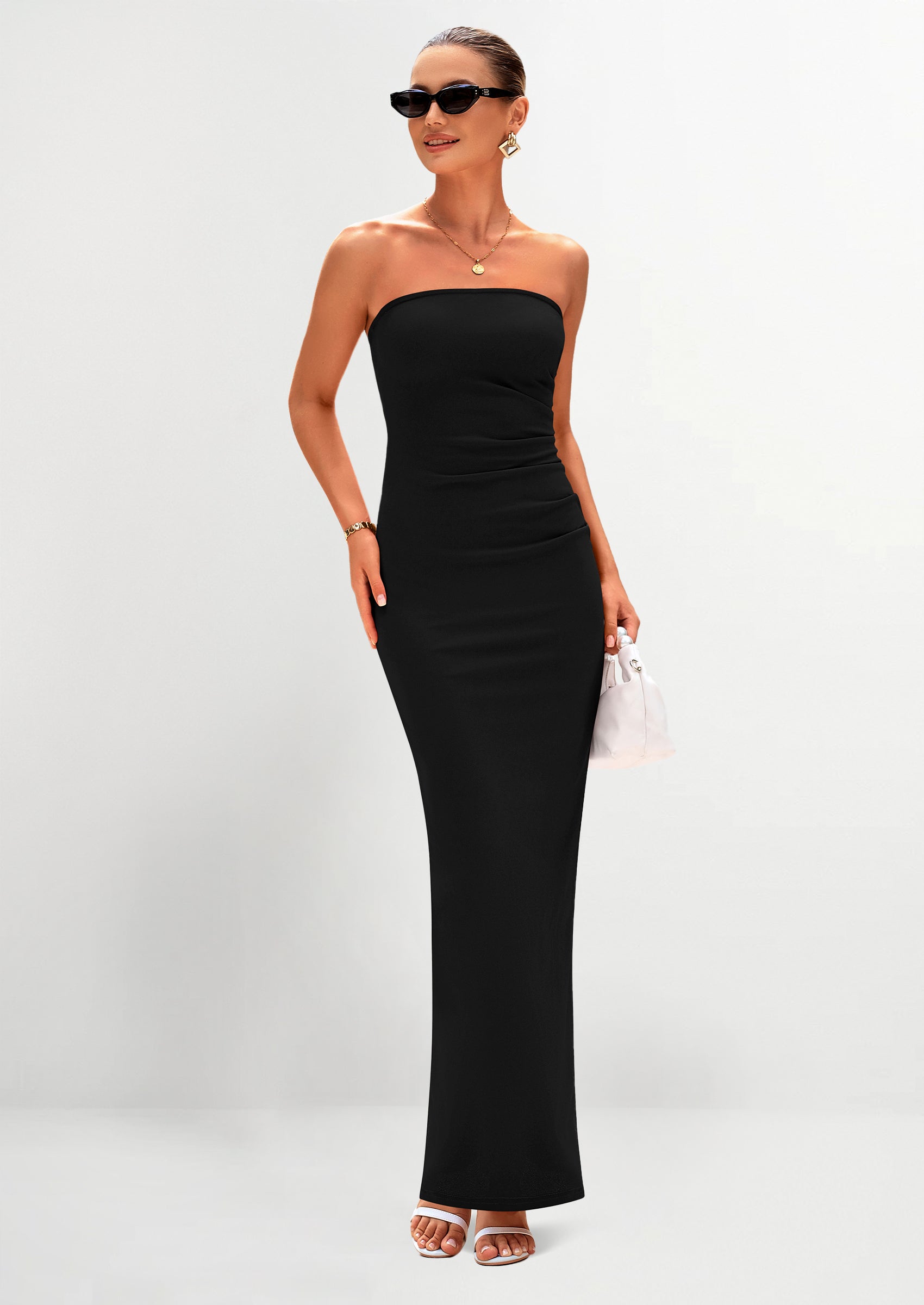 PRETTYGARDEN Women's Semi Formal Cocktail Dresses Strapless Tube Bodycon Ruched Evening Wedding Guest Maxi Dress
