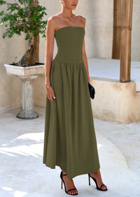 Strapless Patchwork Long Flowy Elegant Tube Top Maxi Dresses with Pockets