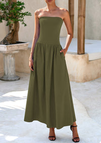 Strapless Patchwork Long Flowy Elegant Tube Top Maxi Dresses with Pockets