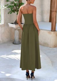 Strapless Patchwork Long Flowy Elegant Tube Top Maxi Dresses with Pockets