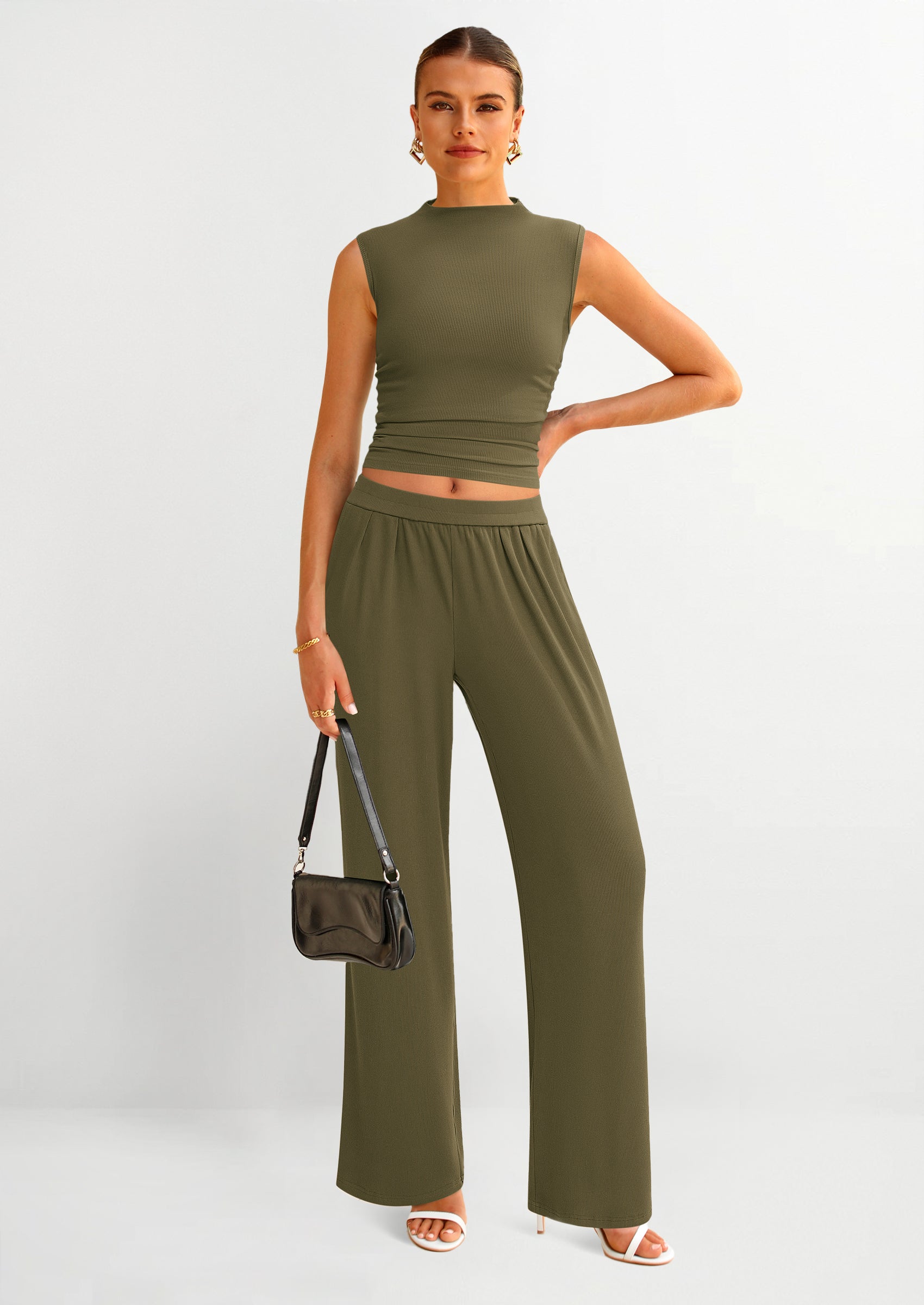 PRETTYGARDEN 2 Piece Sets for Women Summer Airport Travel Outfits Crop Tank Tops Wide Leg Pants Matching Lounge Sets