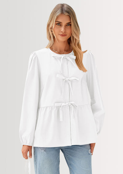 PRETTYGARDEN Women's Spring Fall Babydoll Peplum Blouse Shirt Puff Long Sleeve Bow Tie Front Trendy Cute Y2K Going Out Tops