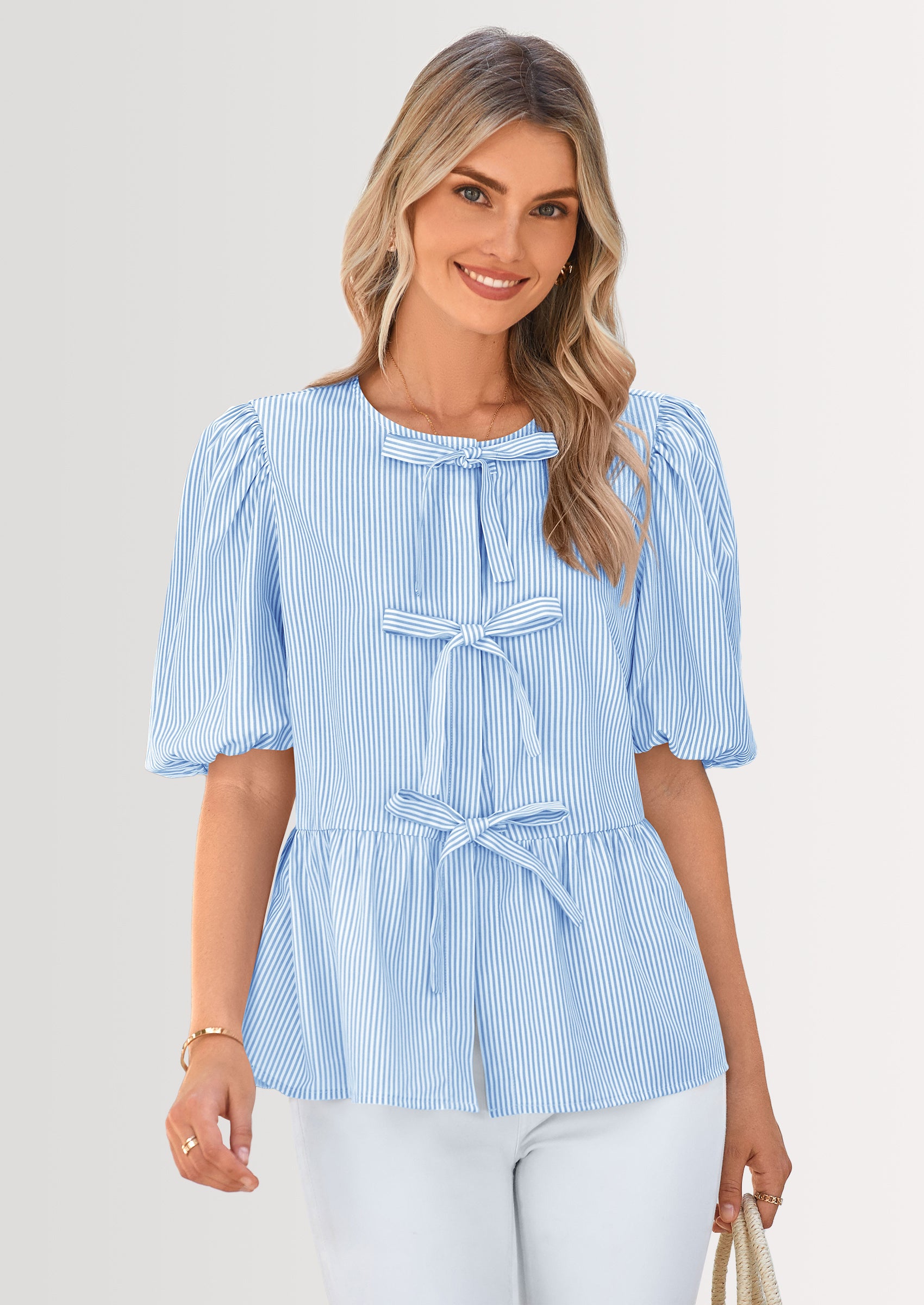 PRETTYGARDEN Women's Tie Front Striped Shirt Summer Trendy Fashion Cute Babydoll Tops Peplum Puffy Sleeve Blouse