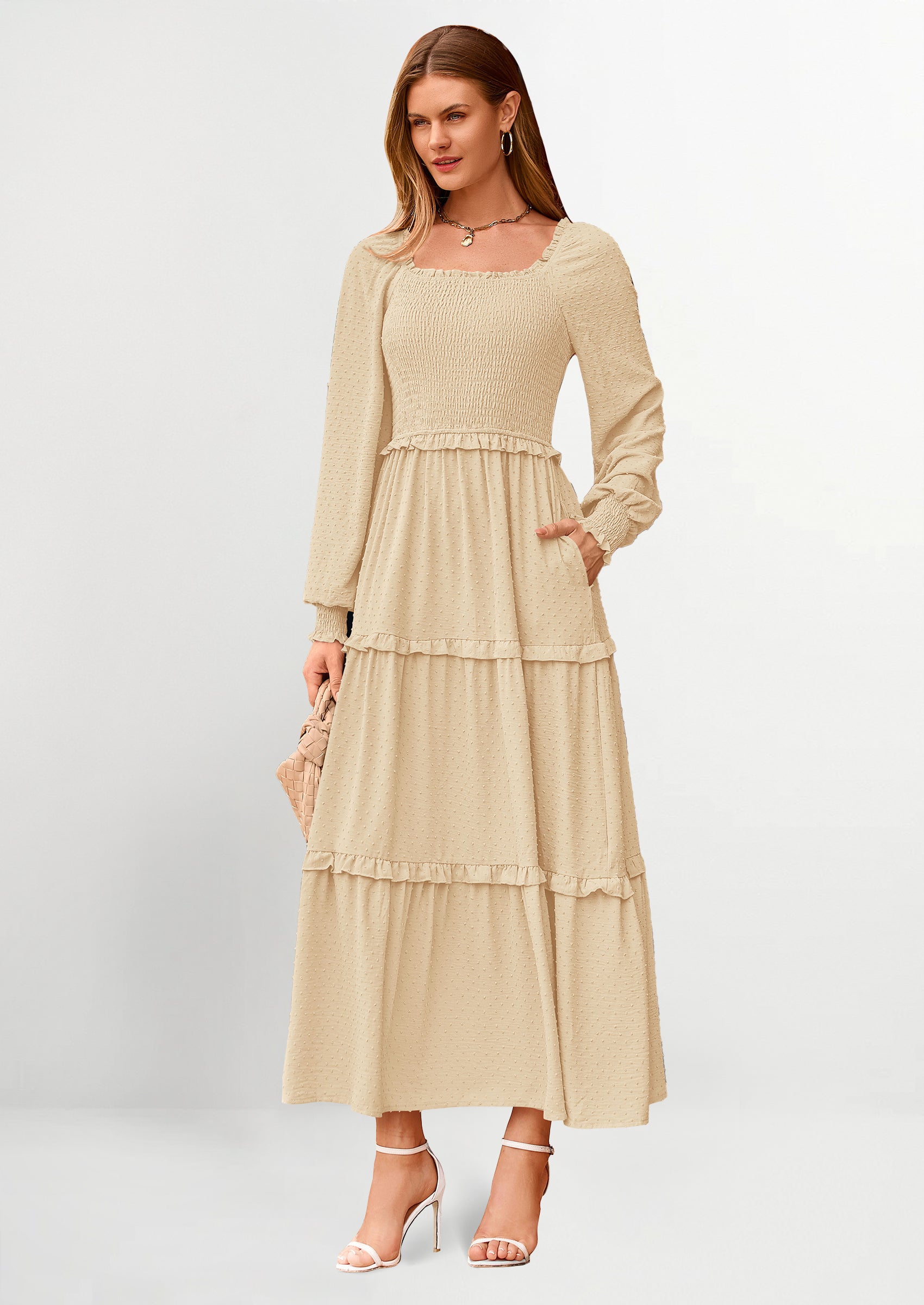 PRETTYGARDEN Women Fall Long Sleeve Smocked Maxi Dress