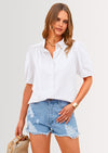 PRETTYGARDEN Women's Summer Tops Button Down Shirts Short Lantern Sleeve V Neck Cotton Cute Dressy Casual Blouses