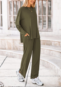 Long Sleeve High Low Tops T-Shirts Wide Leg Pants Two Piece Sets