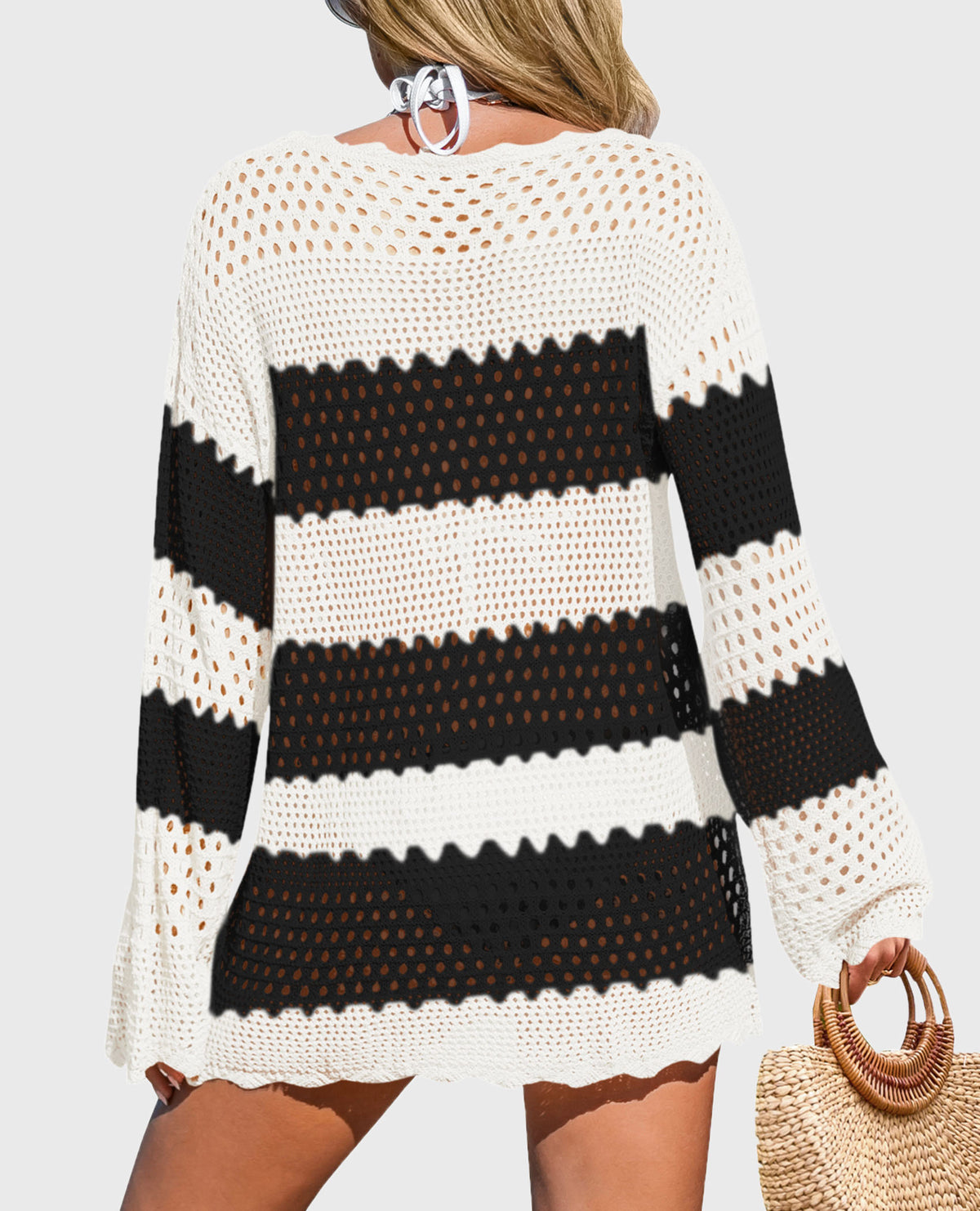 Long Sleeve Knit Crochet Bathing Beach Vacation Cover Up Dresses