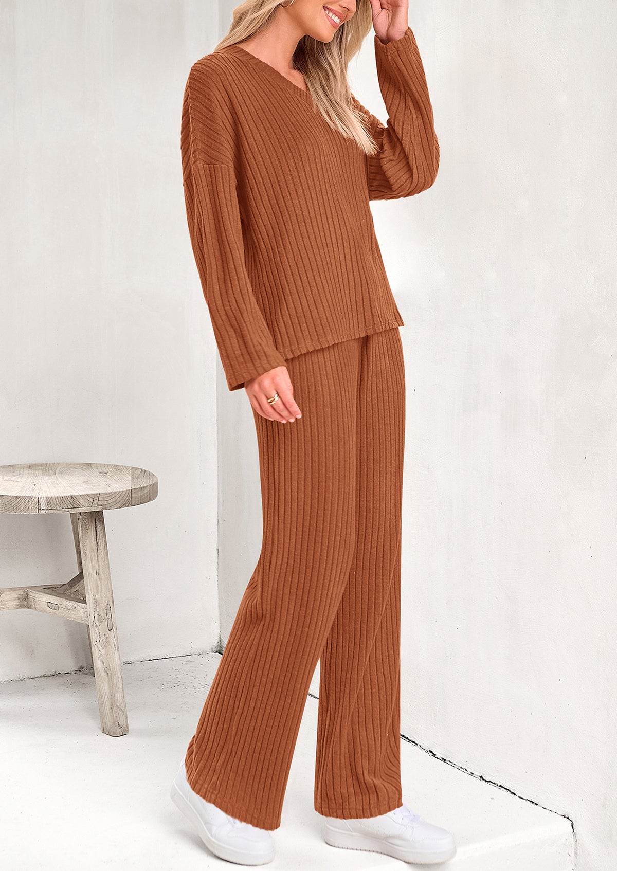 Knitted Long Sleeved V-Neck Pullover, Wide Leg Long Pants Two-Piece Set