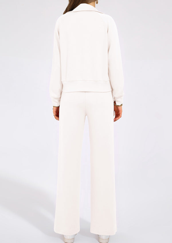 Flip Collar Half Zip Top And Wide Leg Pants Casual Two-Piece Set