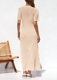 Eyelet Beach Vacation Resort Short Sleeve Hollow Out Dress Cover Up Maxi Dresses