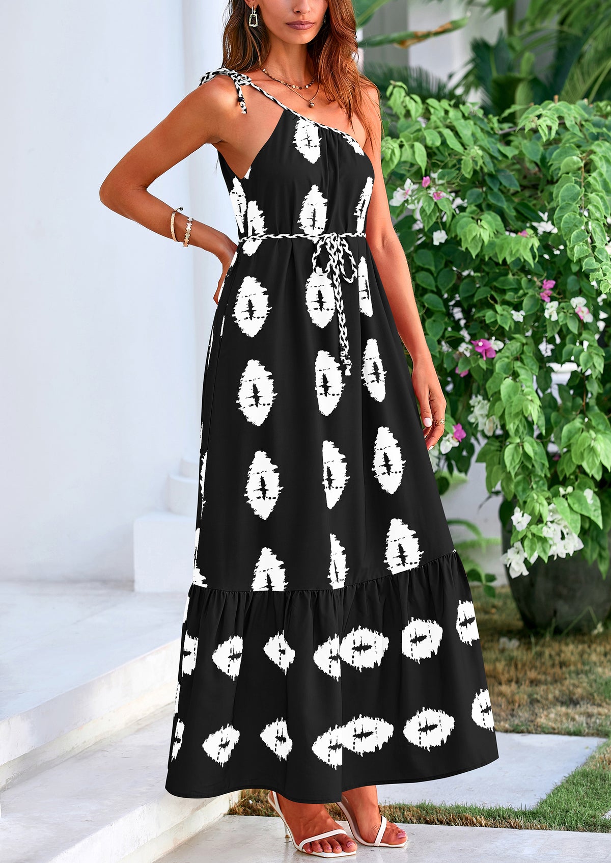 One Shoulder Spaghetti Strap Printed A Line Flowy Boho Maxi Long Sundress