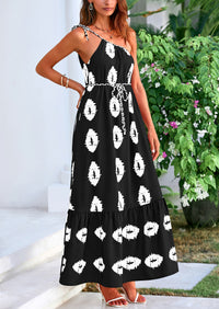 One Shoulder Spaghetti Strap Printed A Line Flowy Boho Maxi Long Sundress