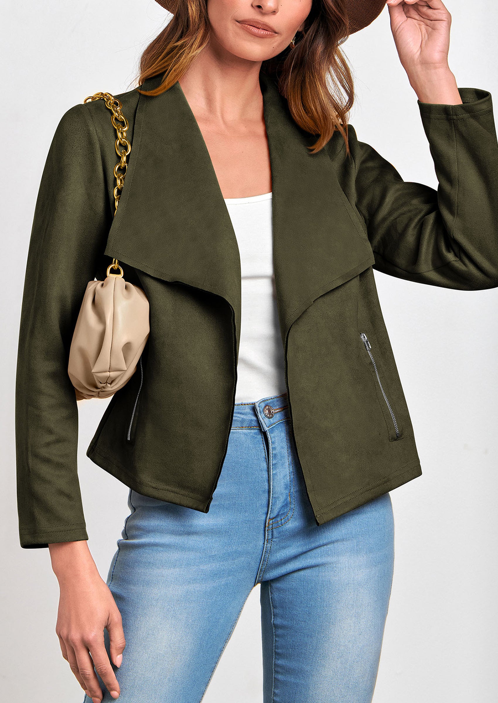 PRETTYGARDEN Women's Faux Suede Jackets Fashion Fall Clothes Long Sleeve Open Front Cropped Coat Outwear