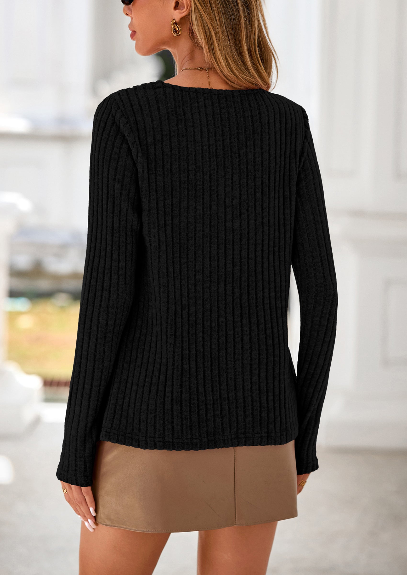 PRETTYGARDEN Women's Long Sleeve Shirts Fall Fashion Clothes Casual Ribbed V Neck Loose Tunic Tops Lightweight Sweaters