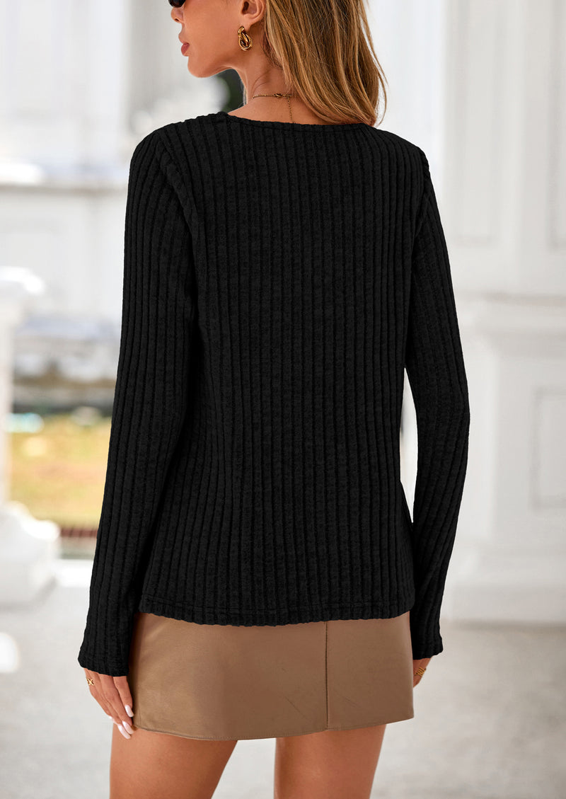 PRETTYGARDEN Women's Long Sleeve Shirts Fall Fashion Clothes Casual Ribbed V Neck Loose Tunic Tops Lightweight Sweaters