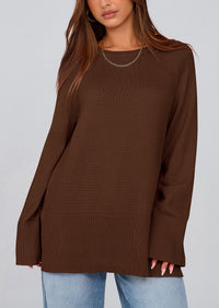 Knit Long Sleeve Crew Neck Split Hem Loose Oversized Tunic Sweaters