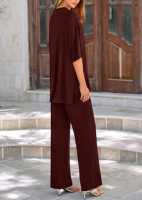 Short Sleeve Pullover Tops And Wide Leg Pants Two Piece Sets