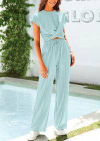 Twist Front Crop T-Shirts Wide Leg Pants Two Piece Sets