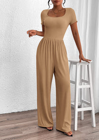 Casual Short Sleeve Square Neck Wide Leg Jumpsuits